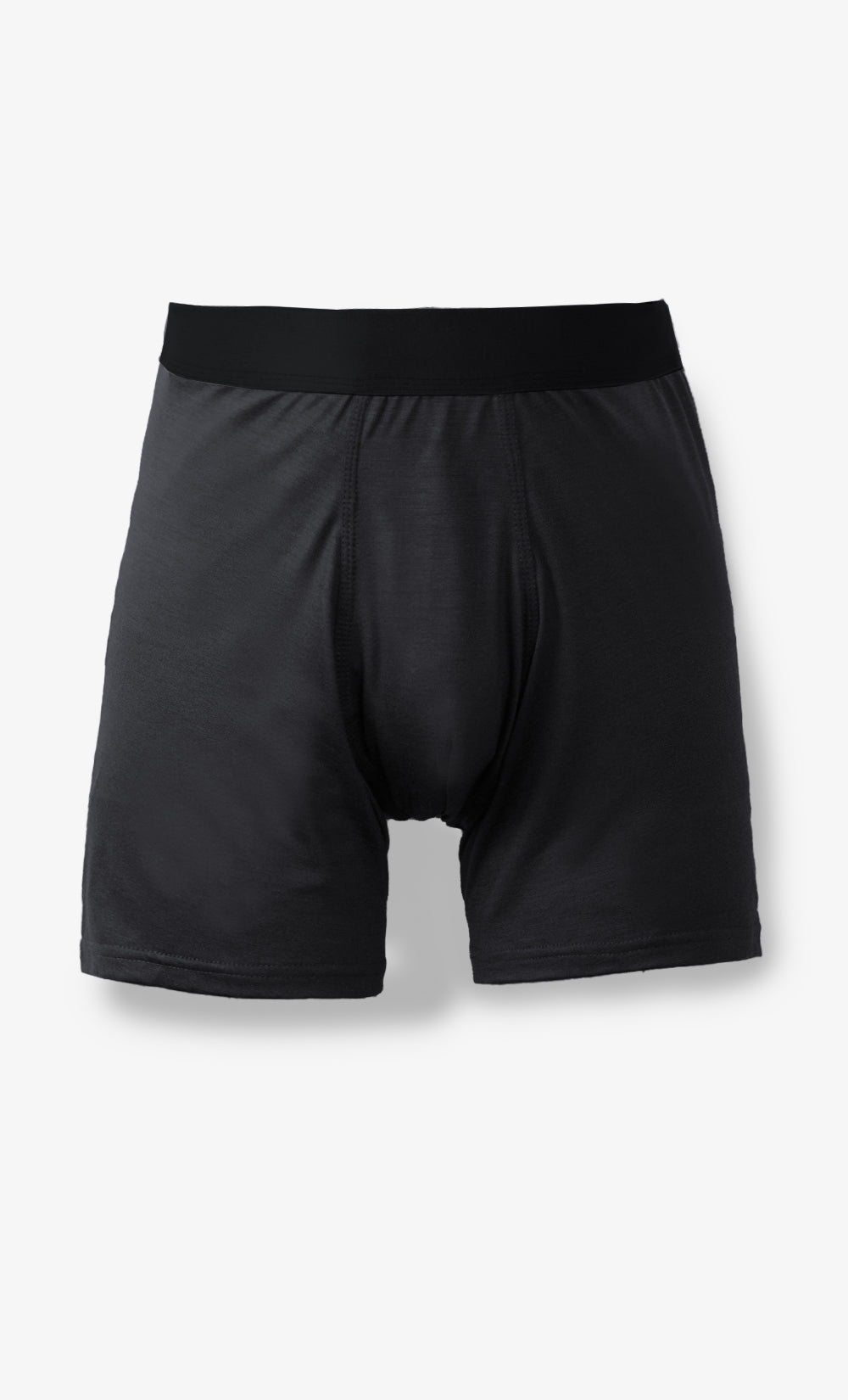 Boxer noir pour homme en laine mérinos extensible avec ceinture noire, vu de face.
