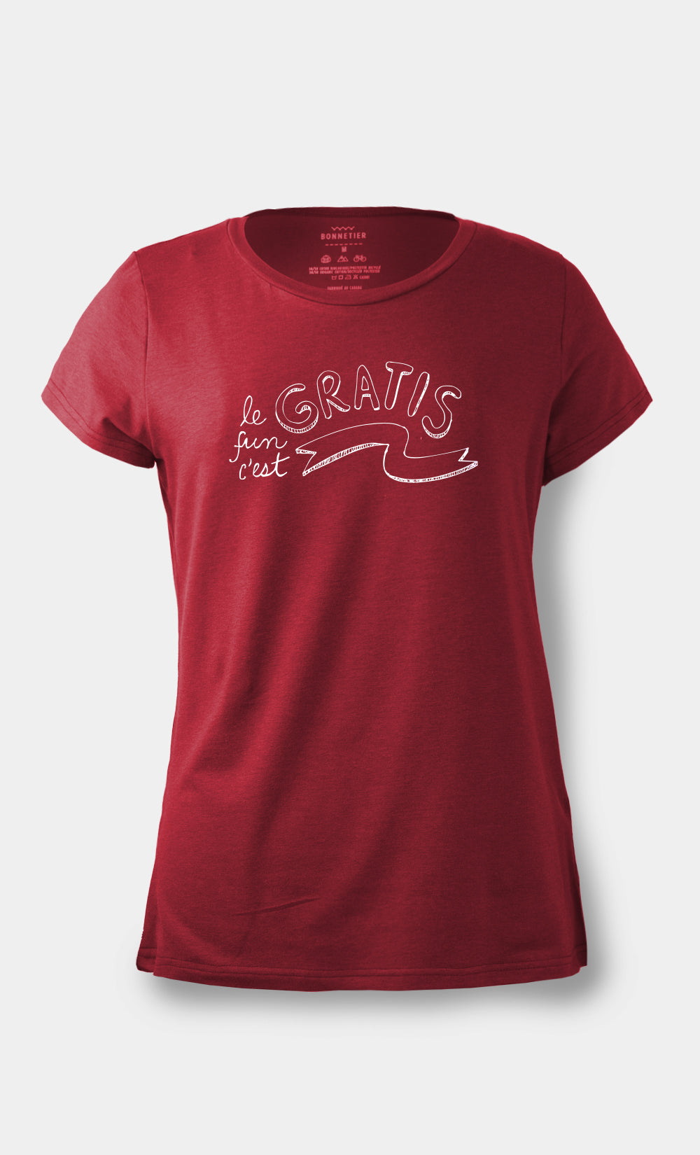 T-shirt femme rouge en coton biologique avec texte imprimé « Le fun c’est gratis »