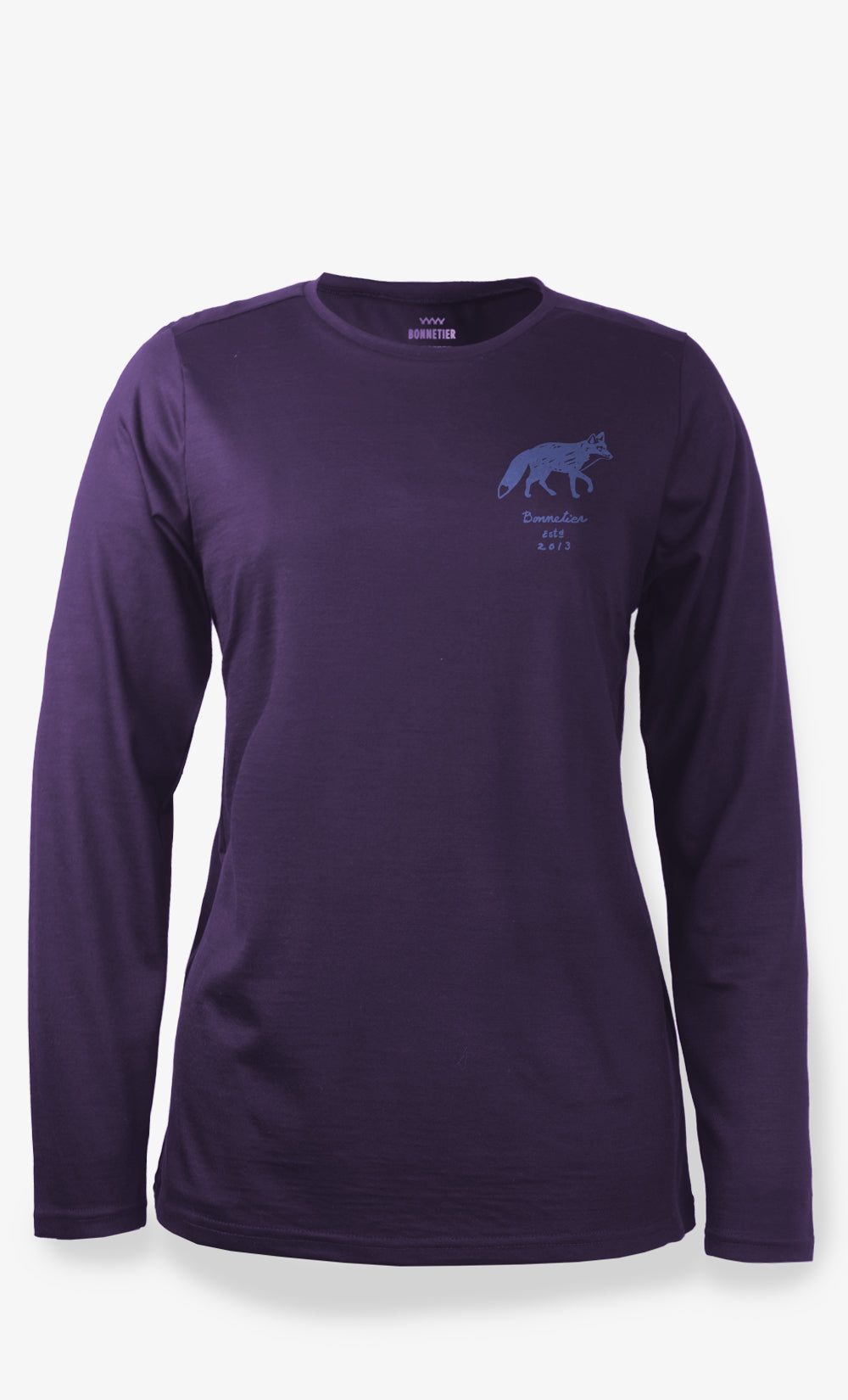 Haut manches longues femme violet en laine mérinos STRETCHWOOL™ 160 GSM, coupe régulière, avec motif loup imprimé.