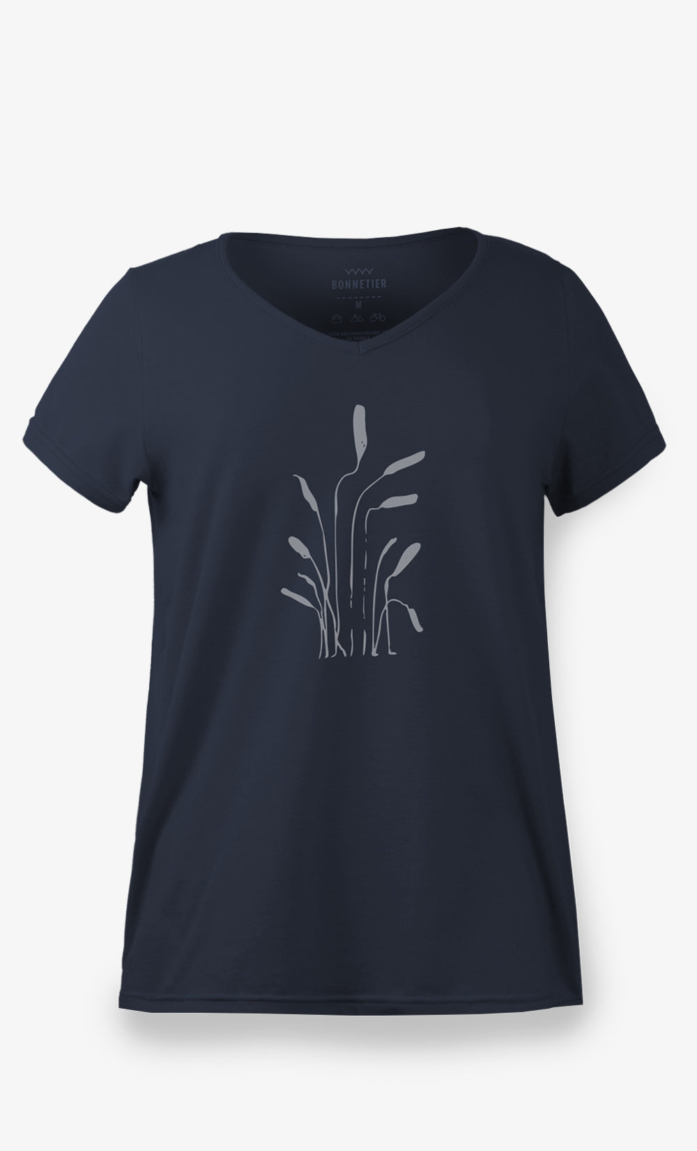 T-shirt femme noir à col en V avec motif végétal minimaliste, en coton biologique et spandex, fabriqué au Québec.