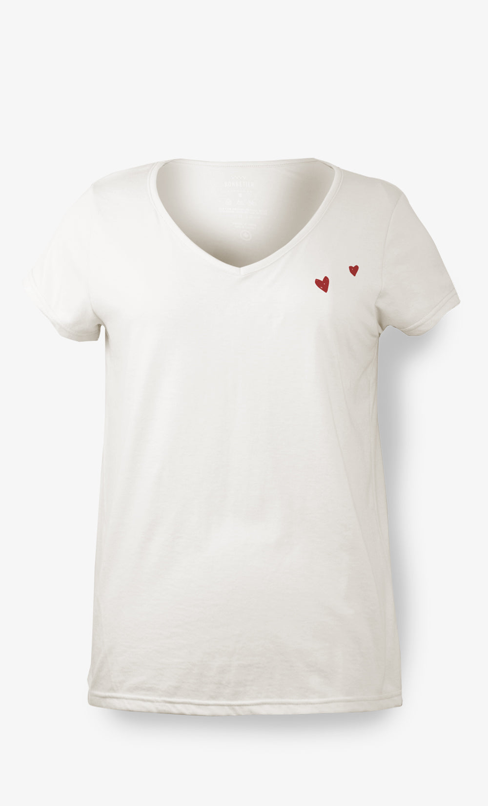 T-shirt blanc cassé femme à col en V avec deux cœurs rouges discrets, en coton biologique et spandex, fabriqué au Québec.