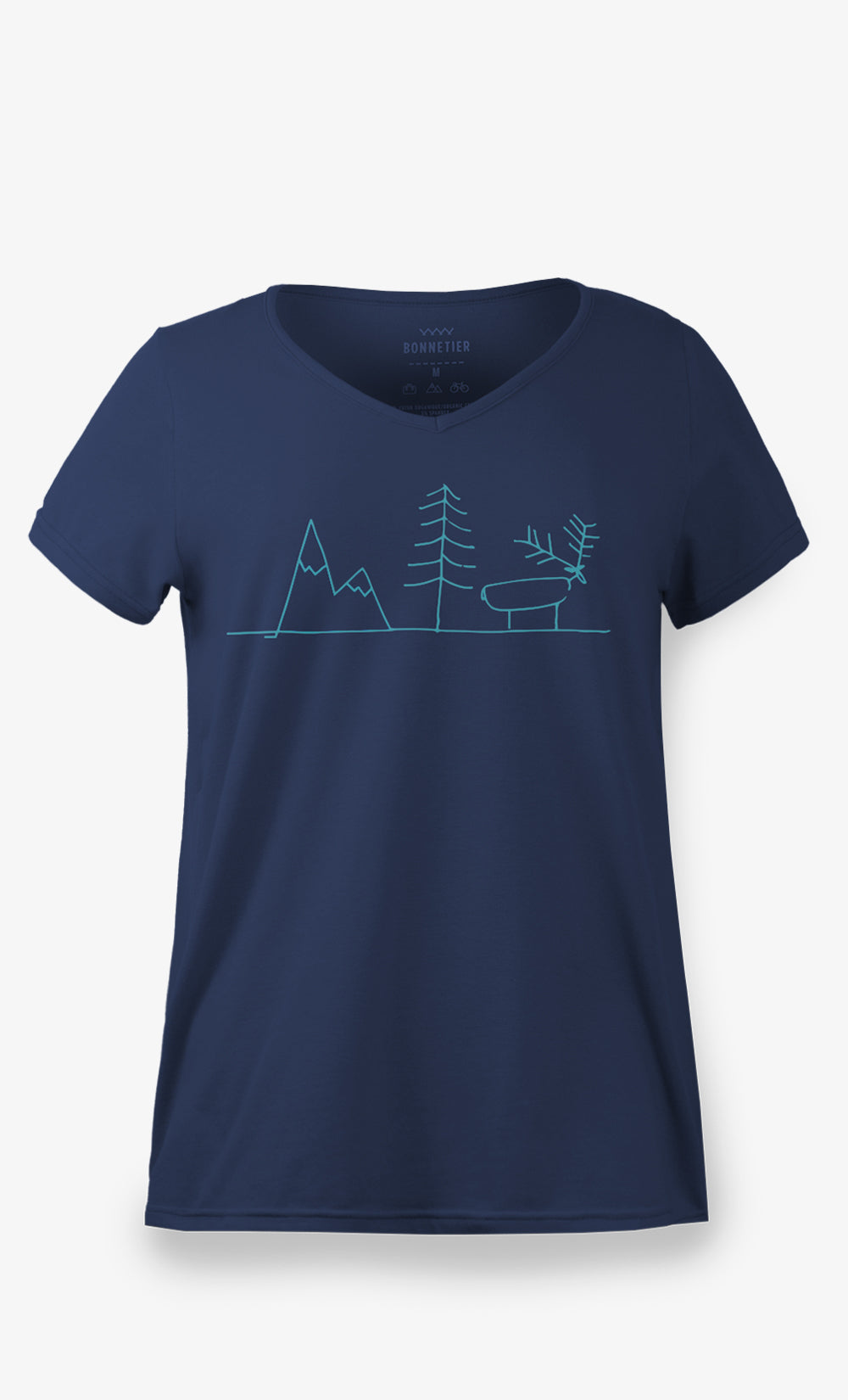 T-shirt femme bleu marine col V en coton et polyester recyclé avec imprimé Land, manches courtes.