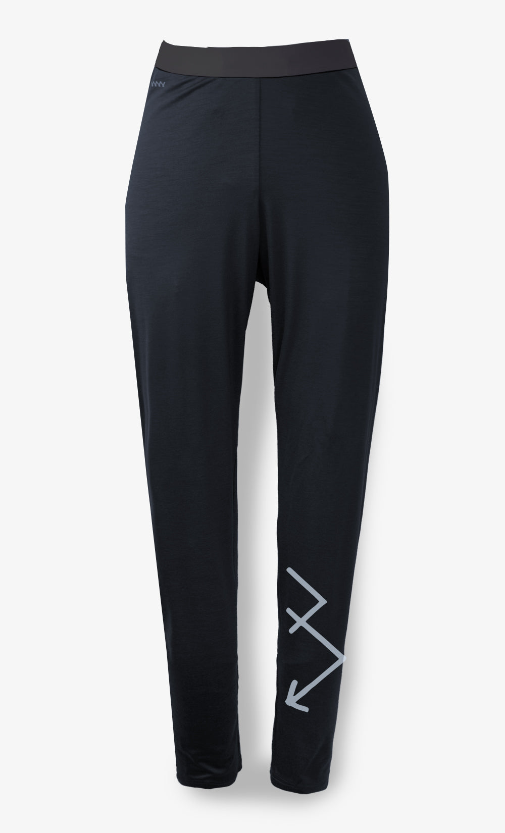 Legging femme noir en laine mérinos avec motif flèches sur la jambe et coupe ajustée 160 gsm.