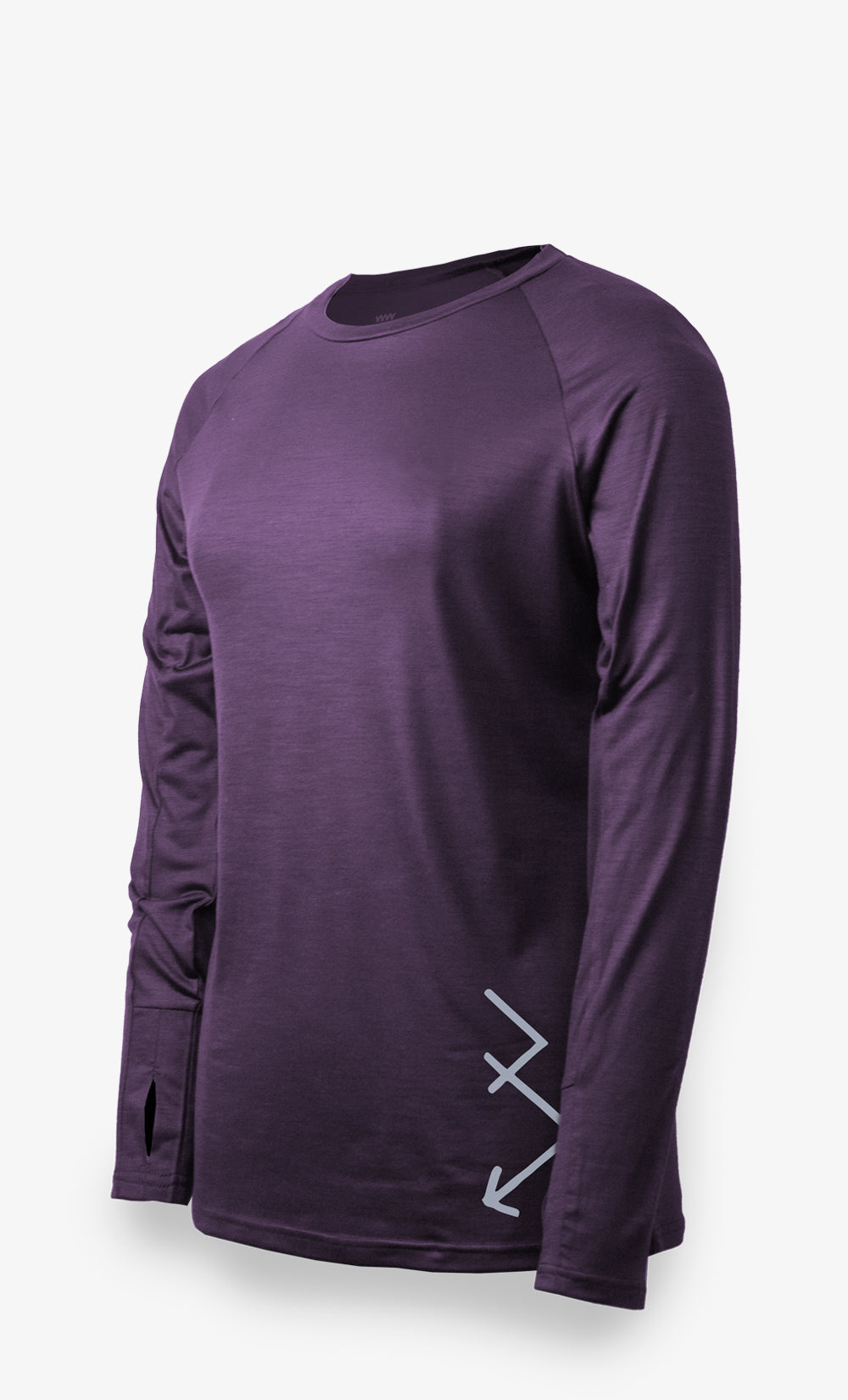 Haut manches longues femme en mérinos violet avec motif flèches et ouvertures pour les pouces, coupe régulière.