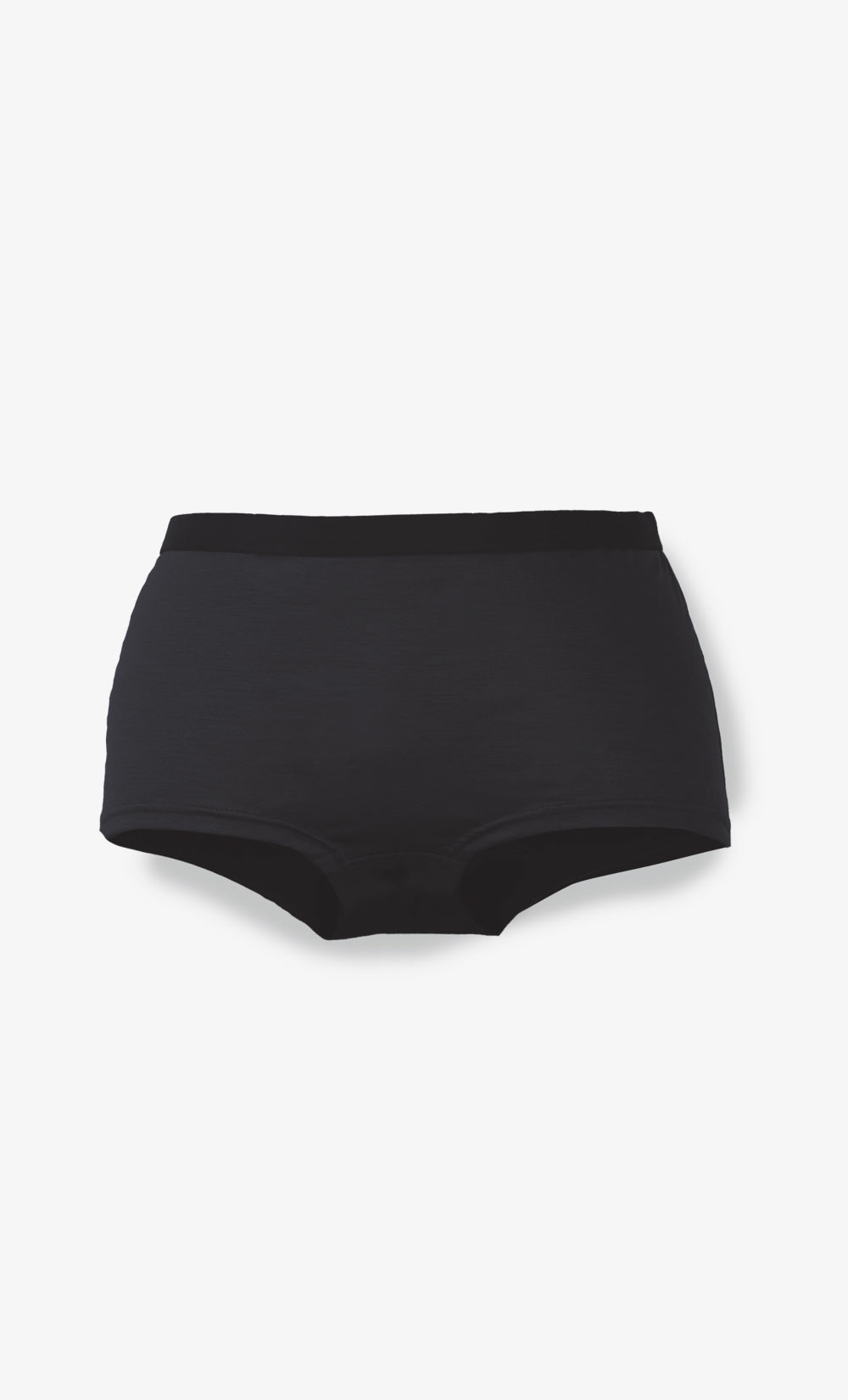 Boyshort en laine mérinos Stretchwool noir, doux, respirant et extensible, fabriqué au Canada.