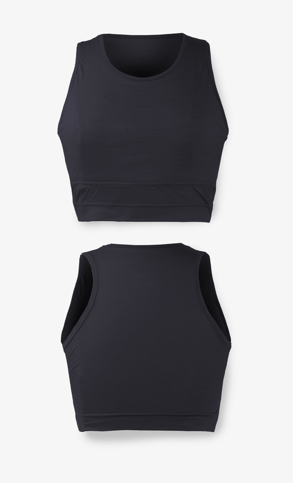 Brassière Active Bra en laine mérinos Stretchwool noire, douce, respirante et fabriquée au Canada.