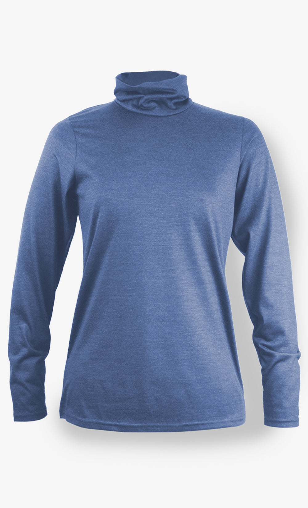 Col roulé femme bleu-gris chiné en laine mérinos 190 GSM, manches longues, coupe régulière, chaud et respirant.