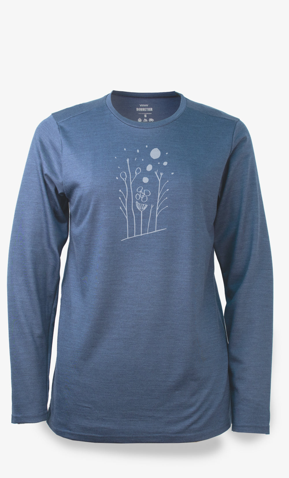 Chandail femme bleu en laine mérinos 190 GSM, manches longues, motif nature, idéal comme couche de base hiver.