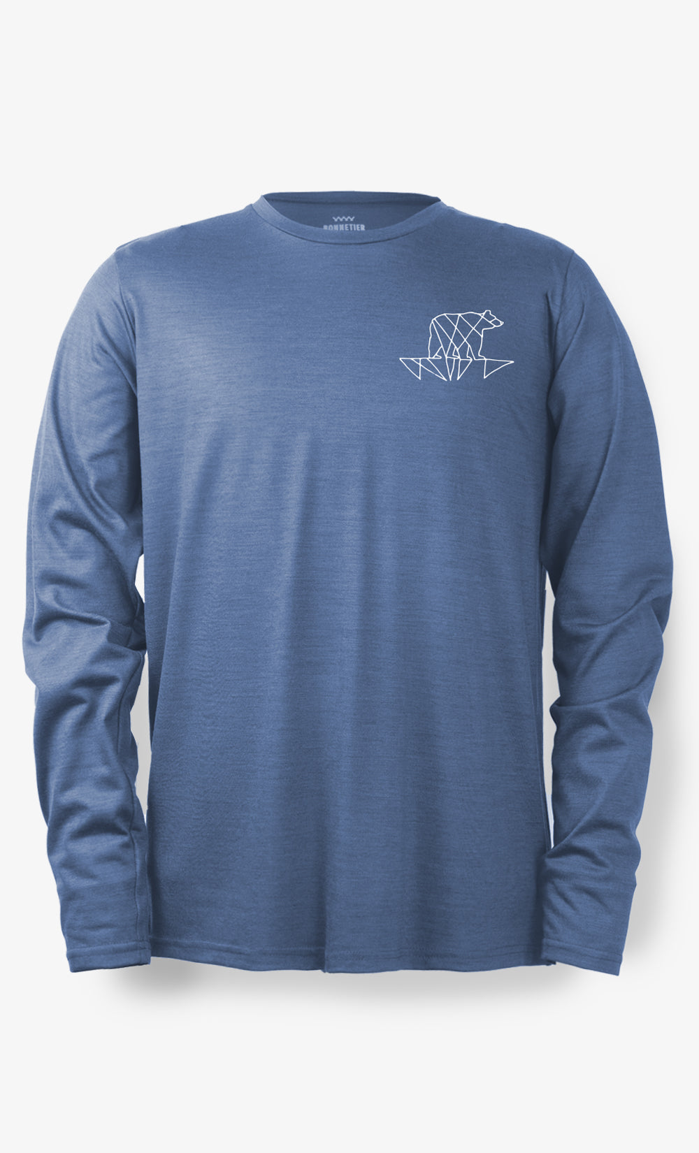 Chandail en laine mérinos bleu-gris chiné avec imprimé ours Outline Bear, manches longues pour homme.