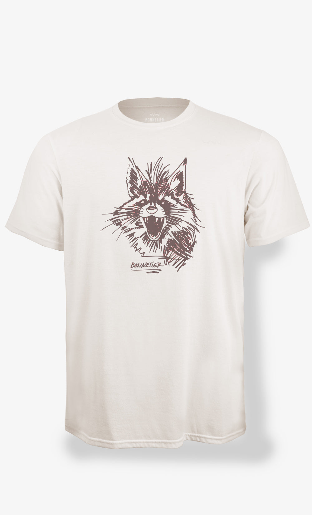 T-shirt homme blanc cassé avec illustration de raton-laveur, coton bio GOTS et spandex, impression à l’eau, fabriqué au Québec.