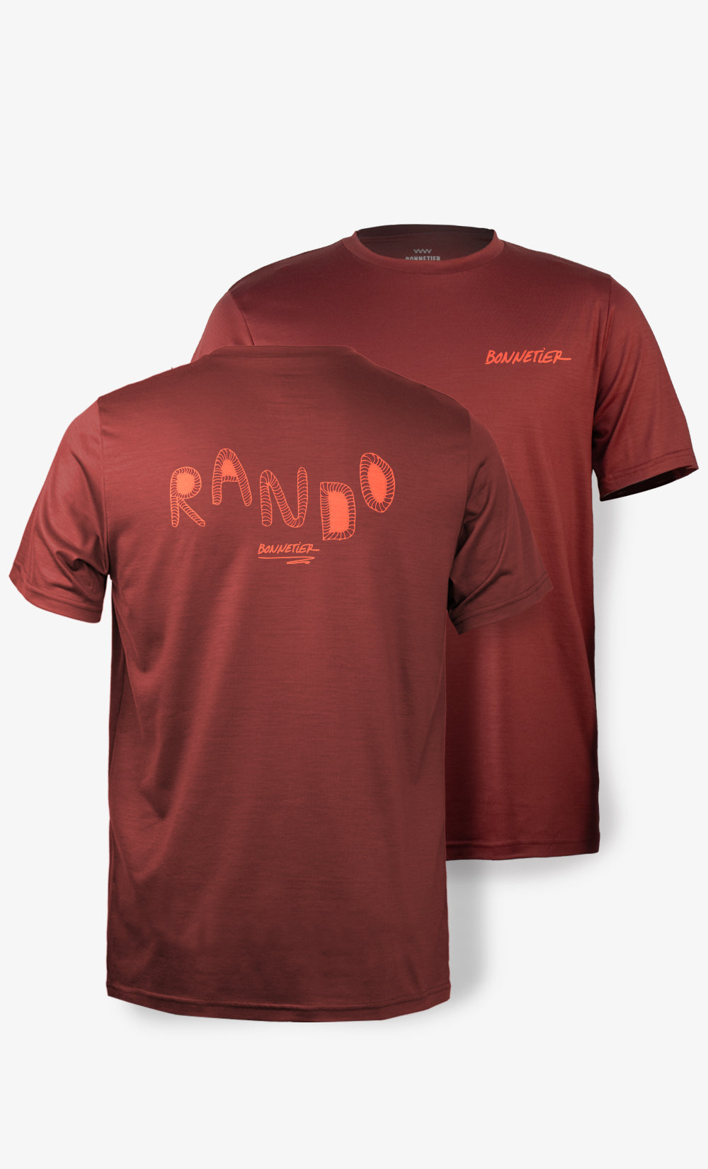 T-shirt mérinos homme carmin ultra léger avec imprimé rando. Respirant, anti-odeurs et parfait pour le voyage, la randonnée et le quotidien.