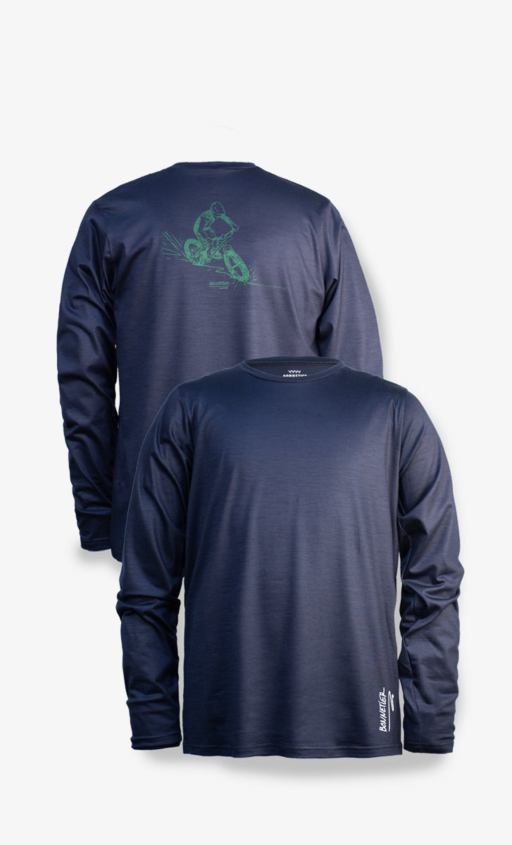 Chandail en laine mérinos bleu marine avec imprimé Fatbike vert au dos, manches longues pour homme.