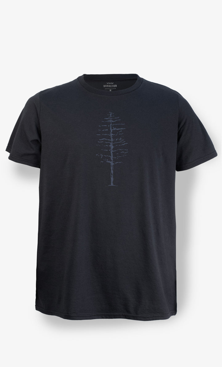 T-shirt homme noir imprimé SHACKY TREE, coton biologique et polyester recyclé, BONNETIER