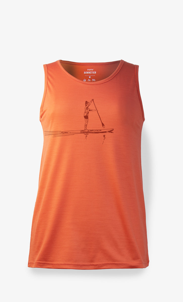 Camisole rouge orange pour femme en laine mérinos légère, idéale pour le voyage, la randonnée et les activités estivales.